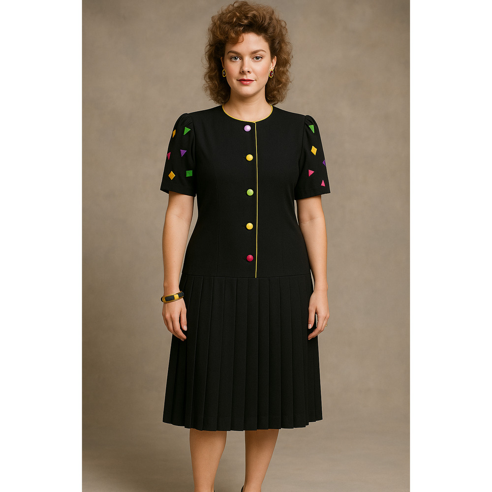 Vintage Chelsea Ltd 1980s woman’s black drop waist pleated dress 18 T Embroidery